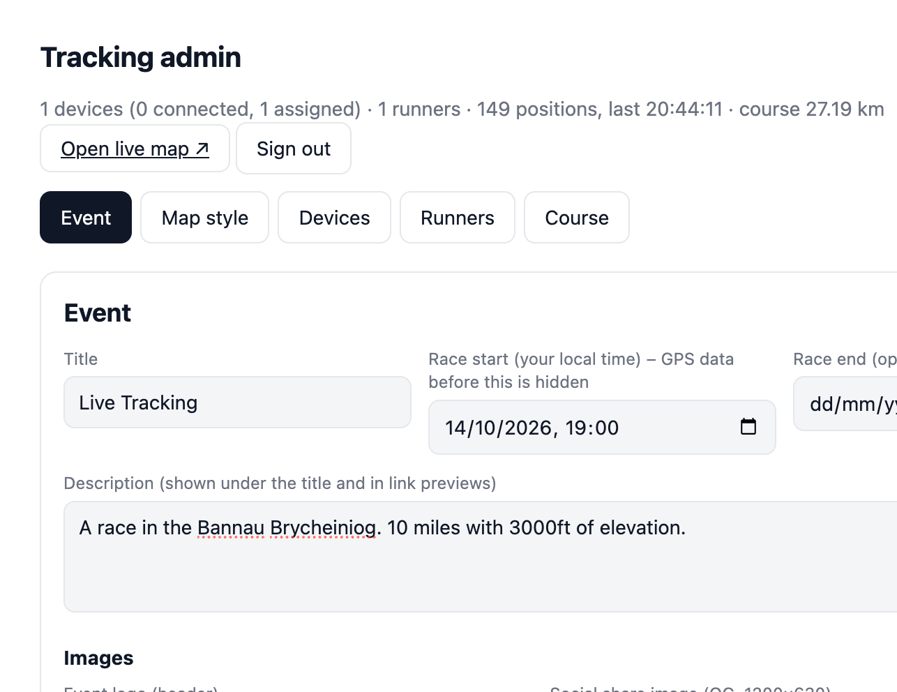 Tracking admin page with Event, Map style, Devices, Runners and Course tabs, showing event title, race start time and description fields